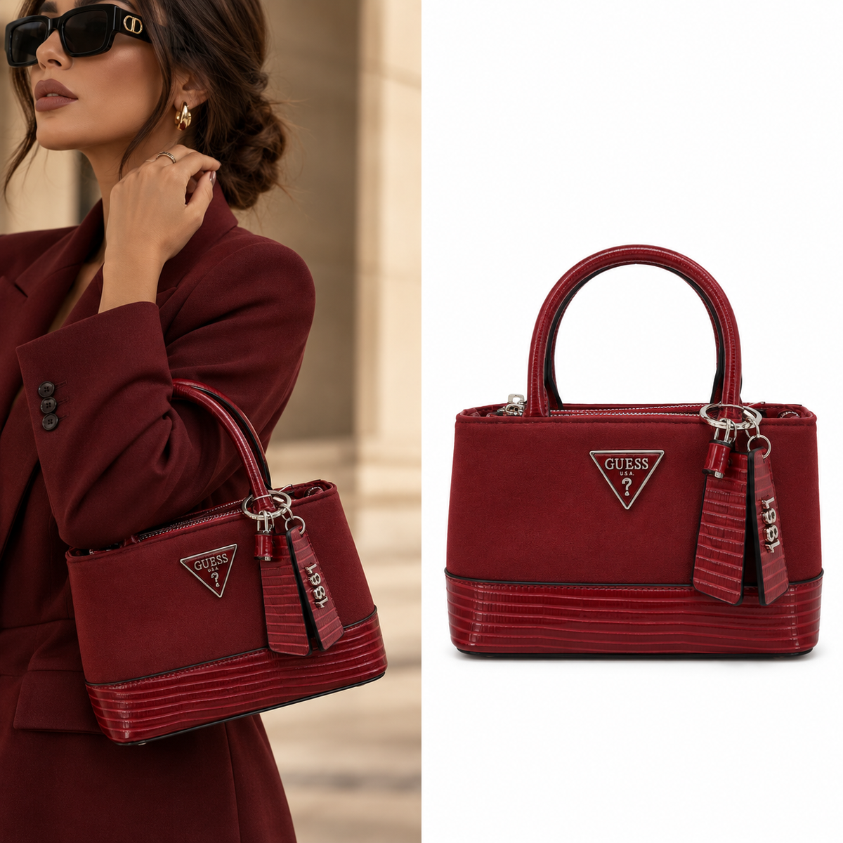 GUESS Red Structured Satchel Bag
