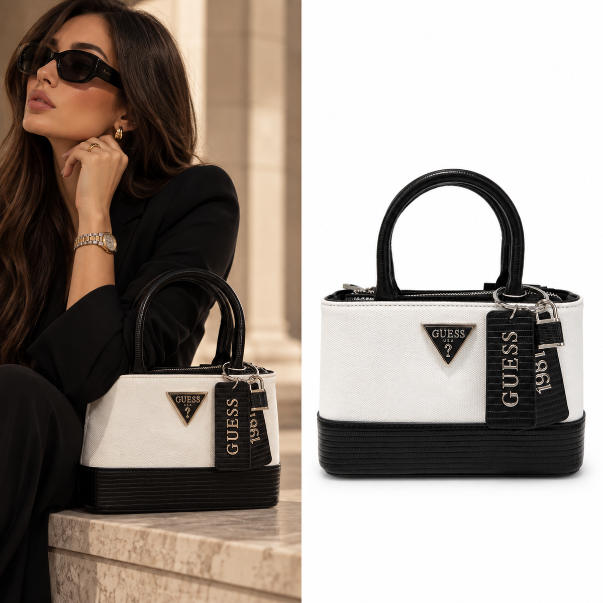 GUESS Ivory & Black Structured Handbag