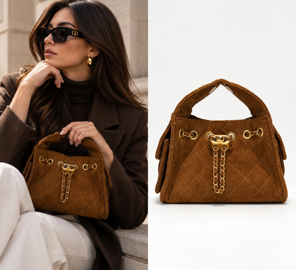 CHANEL Brown Suede Quilted Handbag
