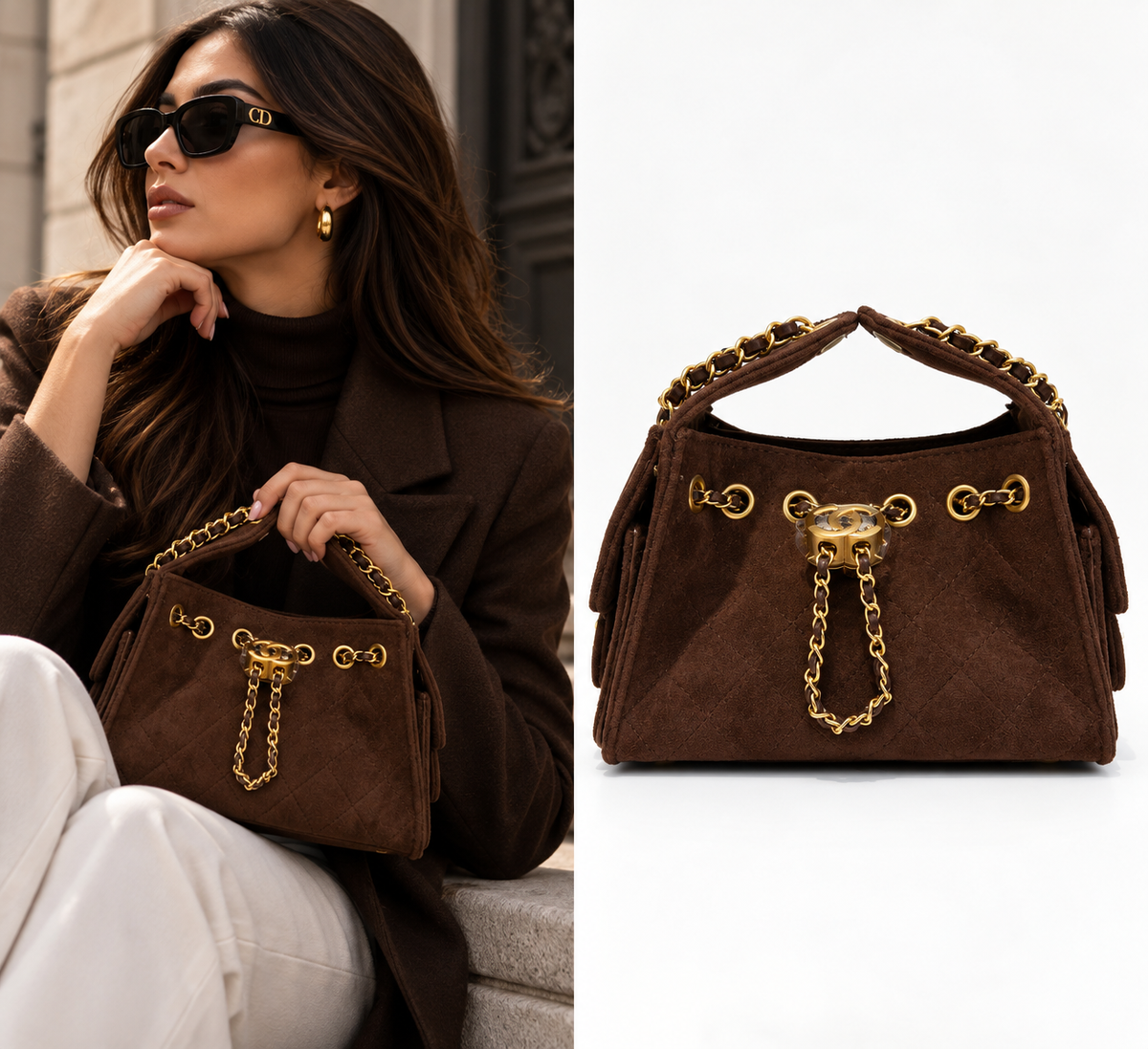 CHANEL Dark Brown Suede Quilted Handbag