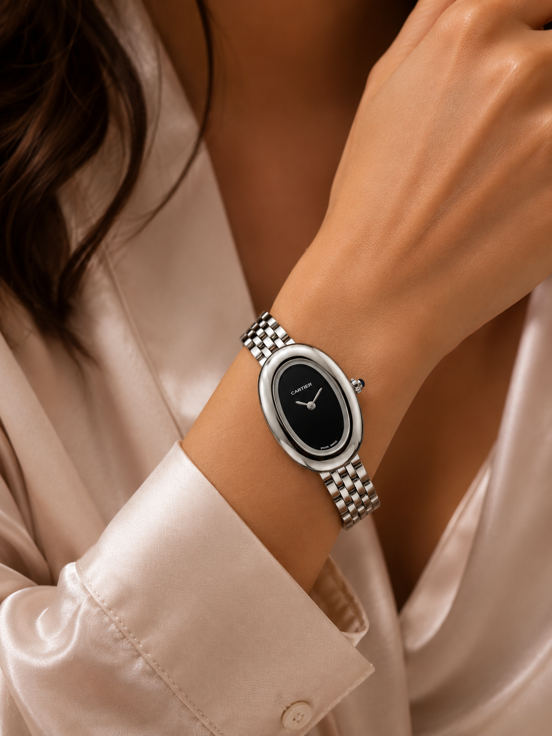 Cartier Baignoire Silver Black Dial Watch