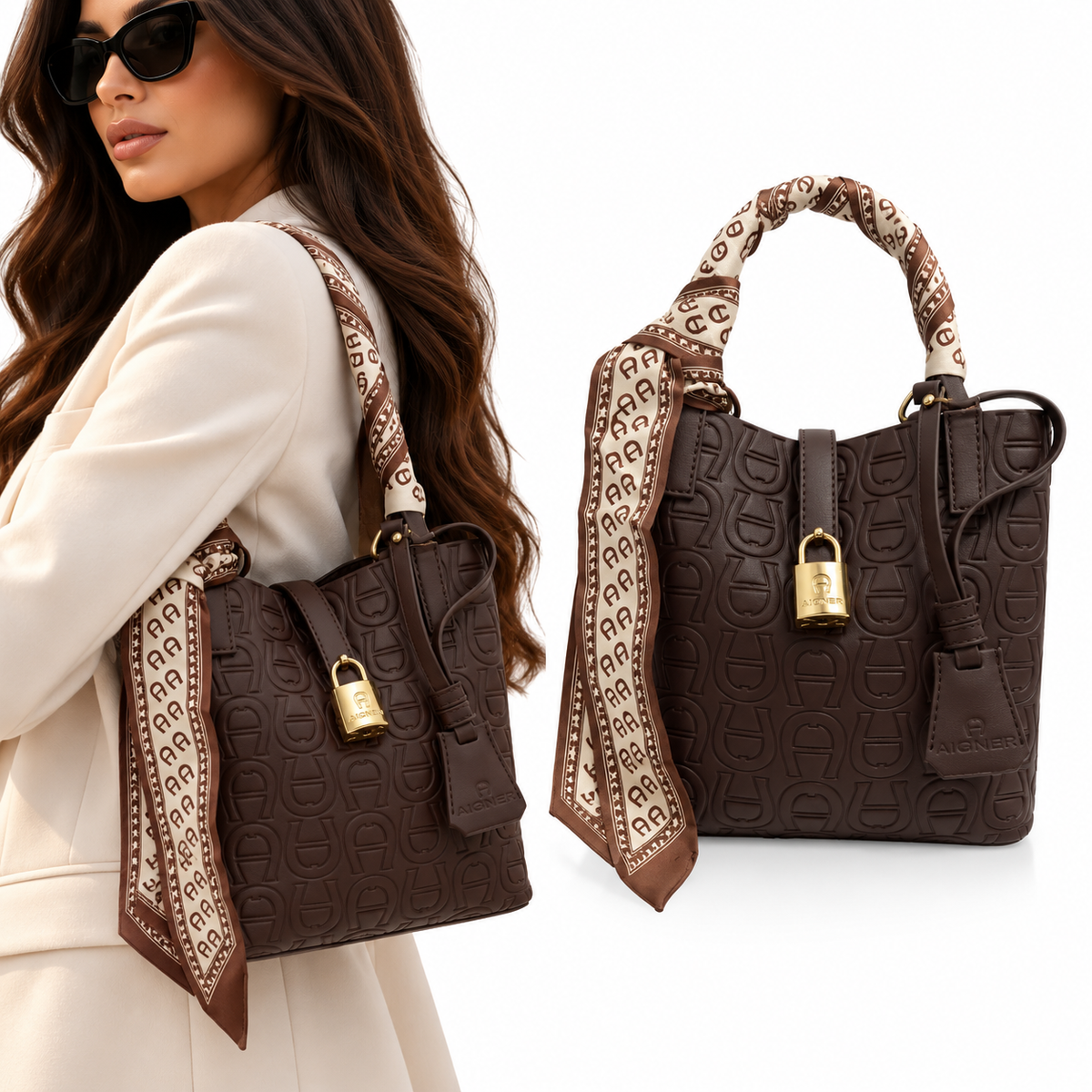 AIGNER Dark Brown Embossed Tote Bag