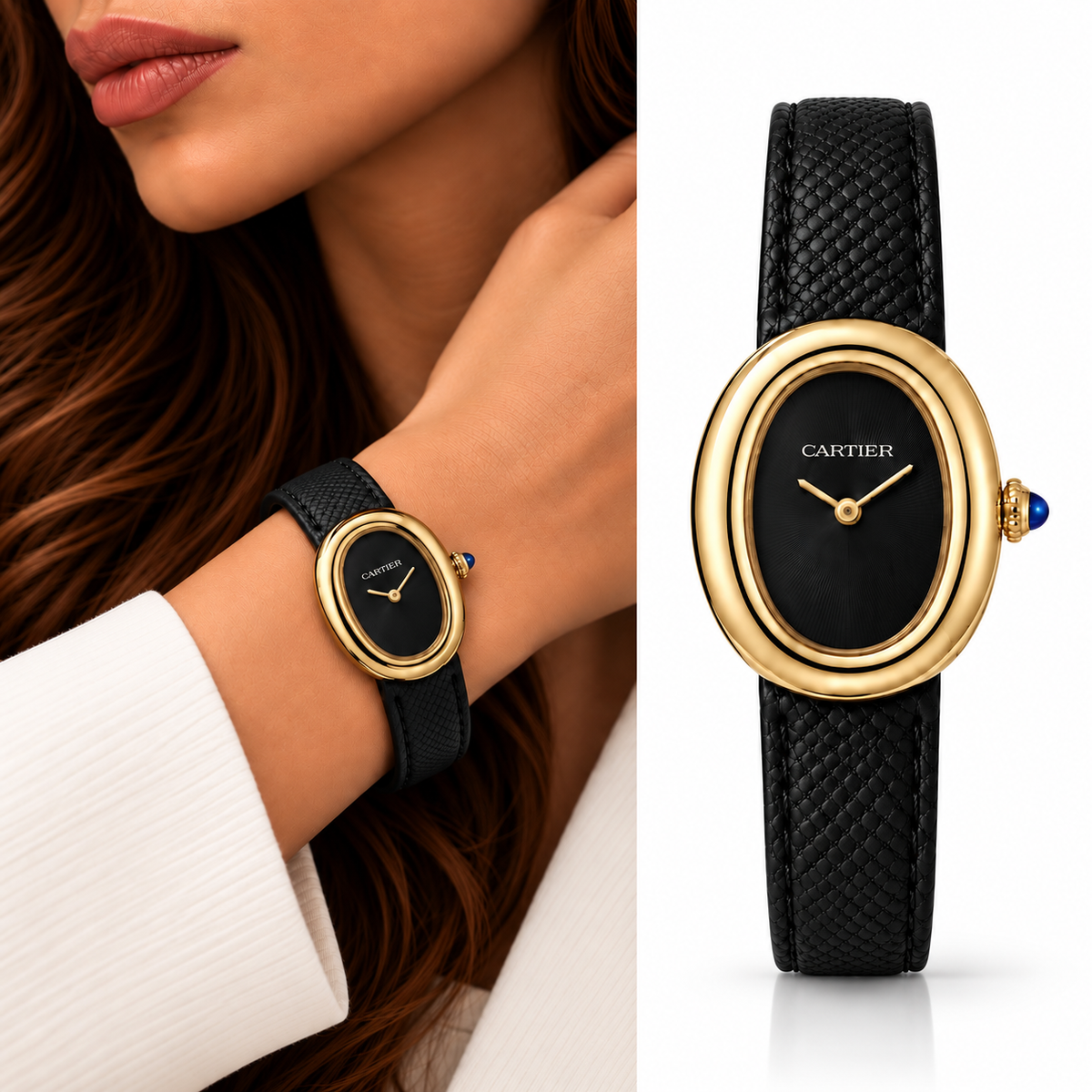 Cartier Black Leather Oval Watch