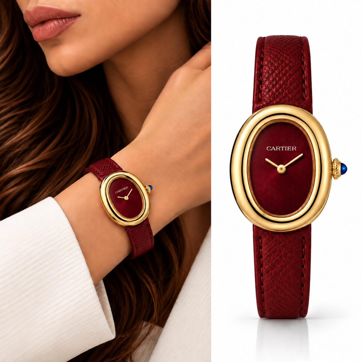Cartier Burgundy Leather Oval Watch