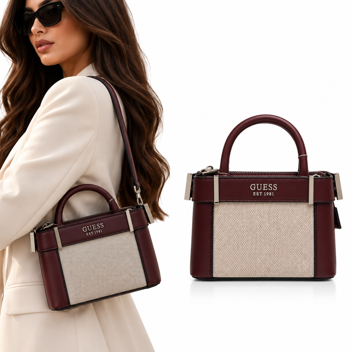 GUESS Burgundy & Ivory Structured Handbag
