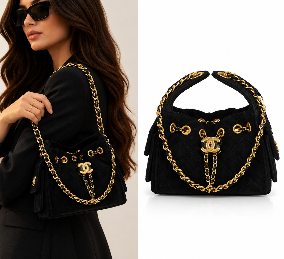 CHANEL Black Quilted Drawstring Chain Bag