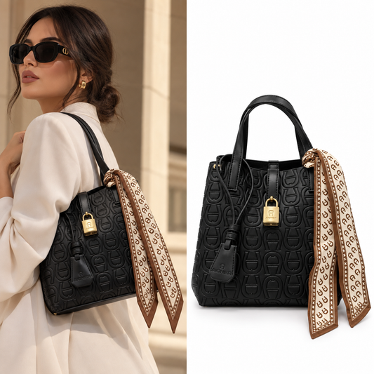 AIGNER Black Embossed Leather Shopper Bag
