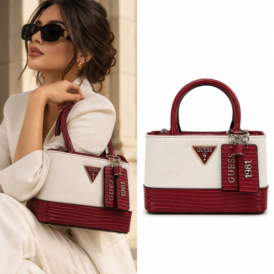 GUESS Ivory & Burgundy Structured Handbag