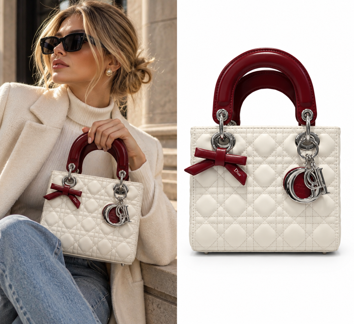 Dior Lady Dior White Cannage Bag with Burgundy Handles