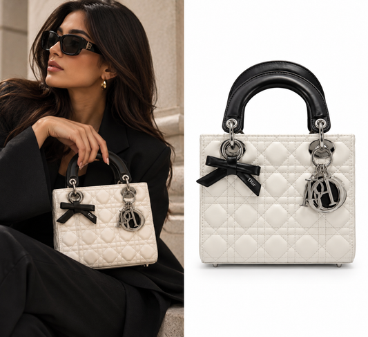 Small Lady Dior Bag – White Cannage with Black Handles