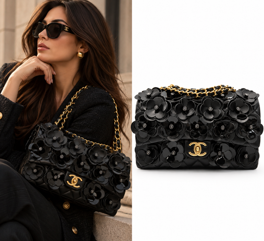 CHANEL Black Camellia Flap Bag