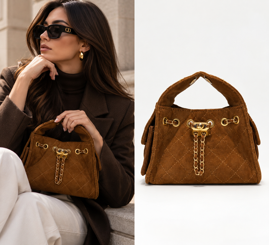 CHANEL Brown Suede Quilted Handbag
