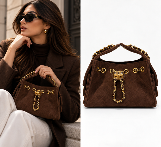 CHANEL Dark Brown Suede Quilted Handbag