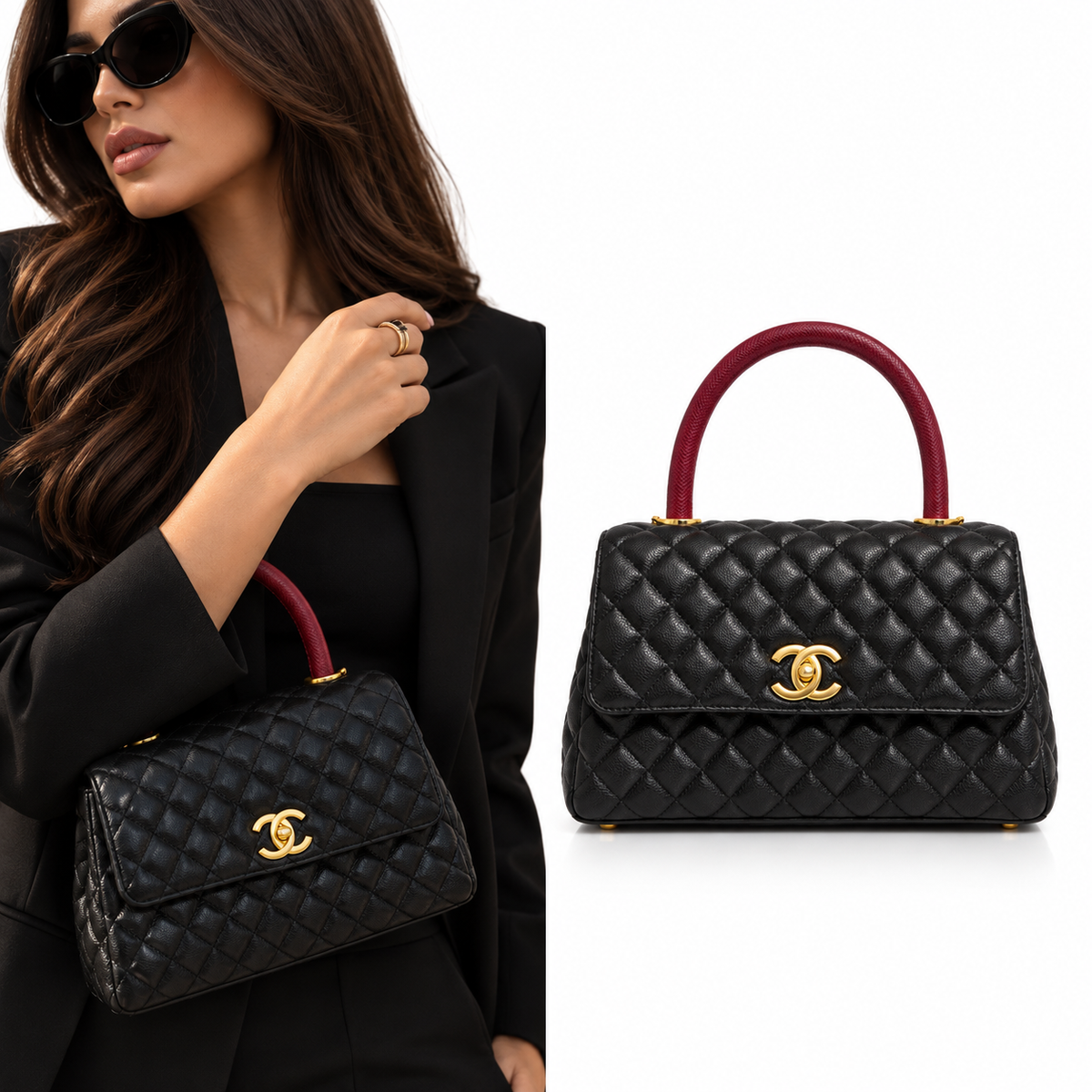 CHANEL Black Quilted Top Handle Bag with Burgundy Handle