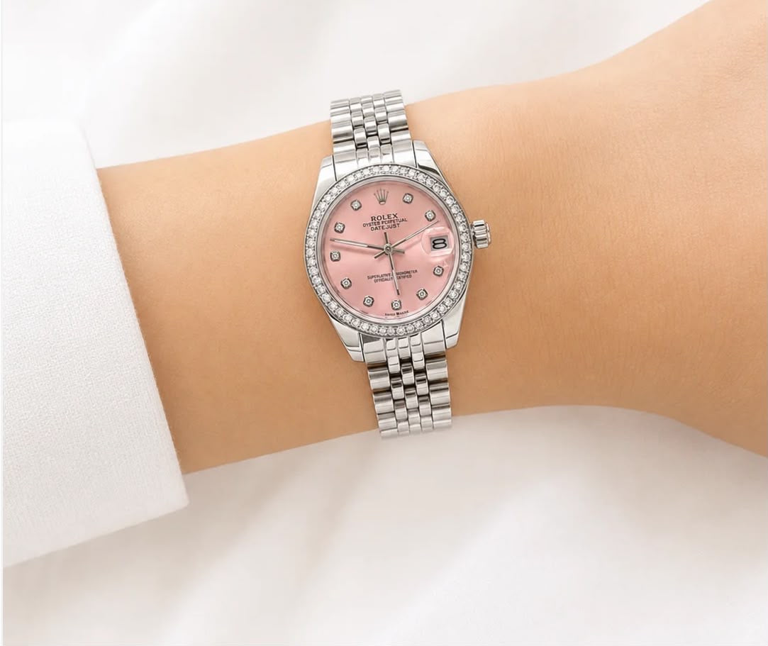 Rolex Silver Pink Dial Diamond Watch
